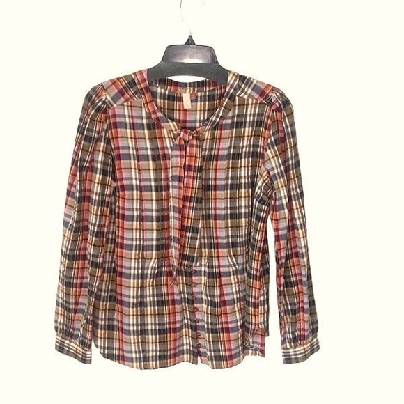 Pilcro Womens Plaid Tie Neck Button Front Long Sleeve Blouse Multicolor Small - Picture 2 of 11